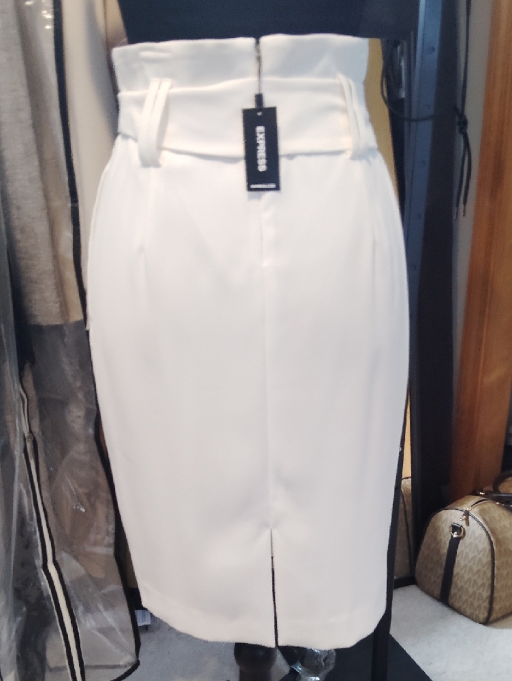 Express White Paperbag Waist Pencil Skirt with Tie - Picture 3 of 6